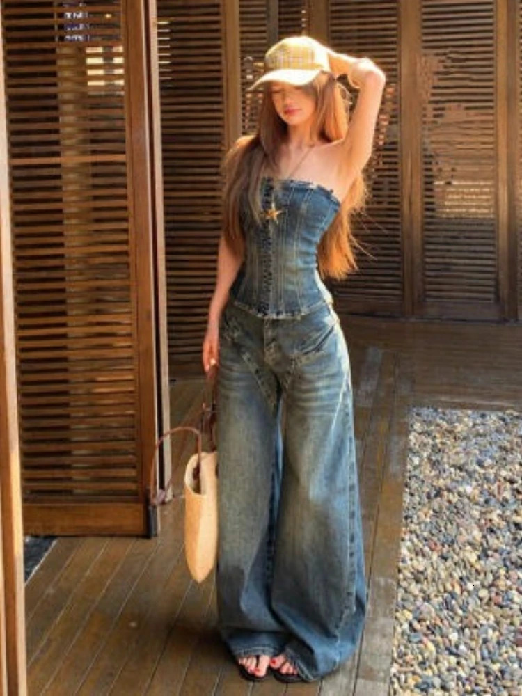Strapless Denim Tanks Wide Leg Jeans Trousers 2 Piece Sets Womens Outfits Y2k Suits Vintage Autumn Winter Jacket Loose Pants 260921