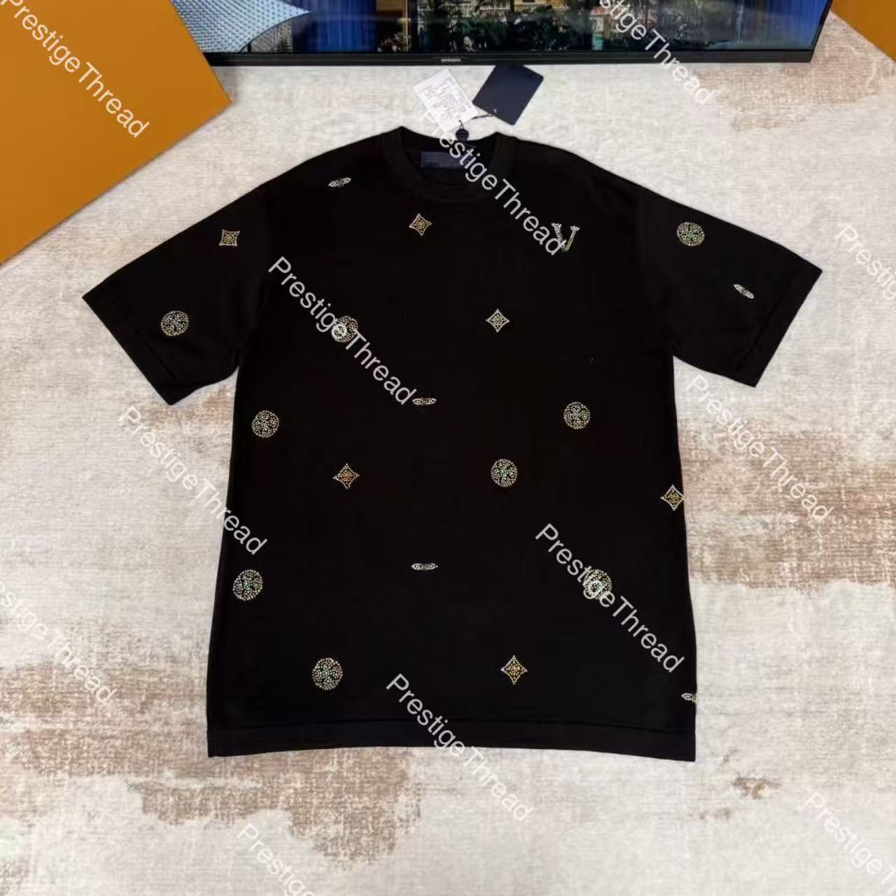 Outdoor Recreation Men's Slim-Fit Knitted Floral Rhinestone Wool Blend Crew Neck Short Sleeve T-Shirt, Black, Summer Dai