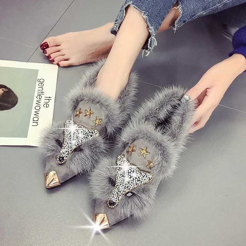 Women Ankle Boots Crystal Fox Head Boots Winter Fashion Metal Pointed Toe Fluffy Plush High Heel Ladies Wedding Party Shoes Q260922