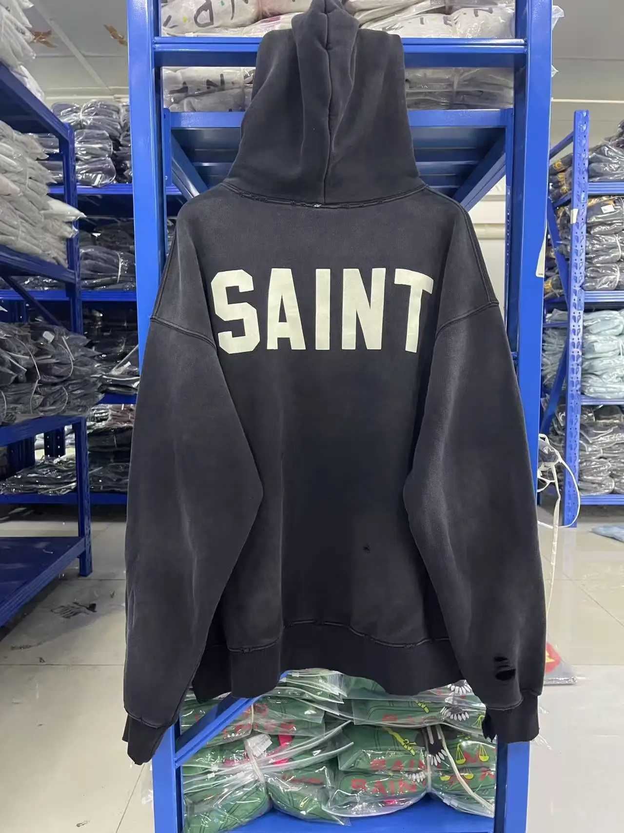 Men's Hoodies Sweatshirts Simple Saint Classic Letters Print Hoodie Hooded Men Women Streetwear Vintage Washed Damaged Hole Pullovers J260921