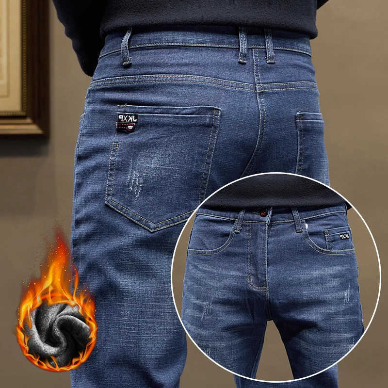 Jeans New Men's Men's Winter Fleece Warm Jeans Business Casual Straight Washed Trousers Thickened Thermal Stretch Versatile Male Denim Pan