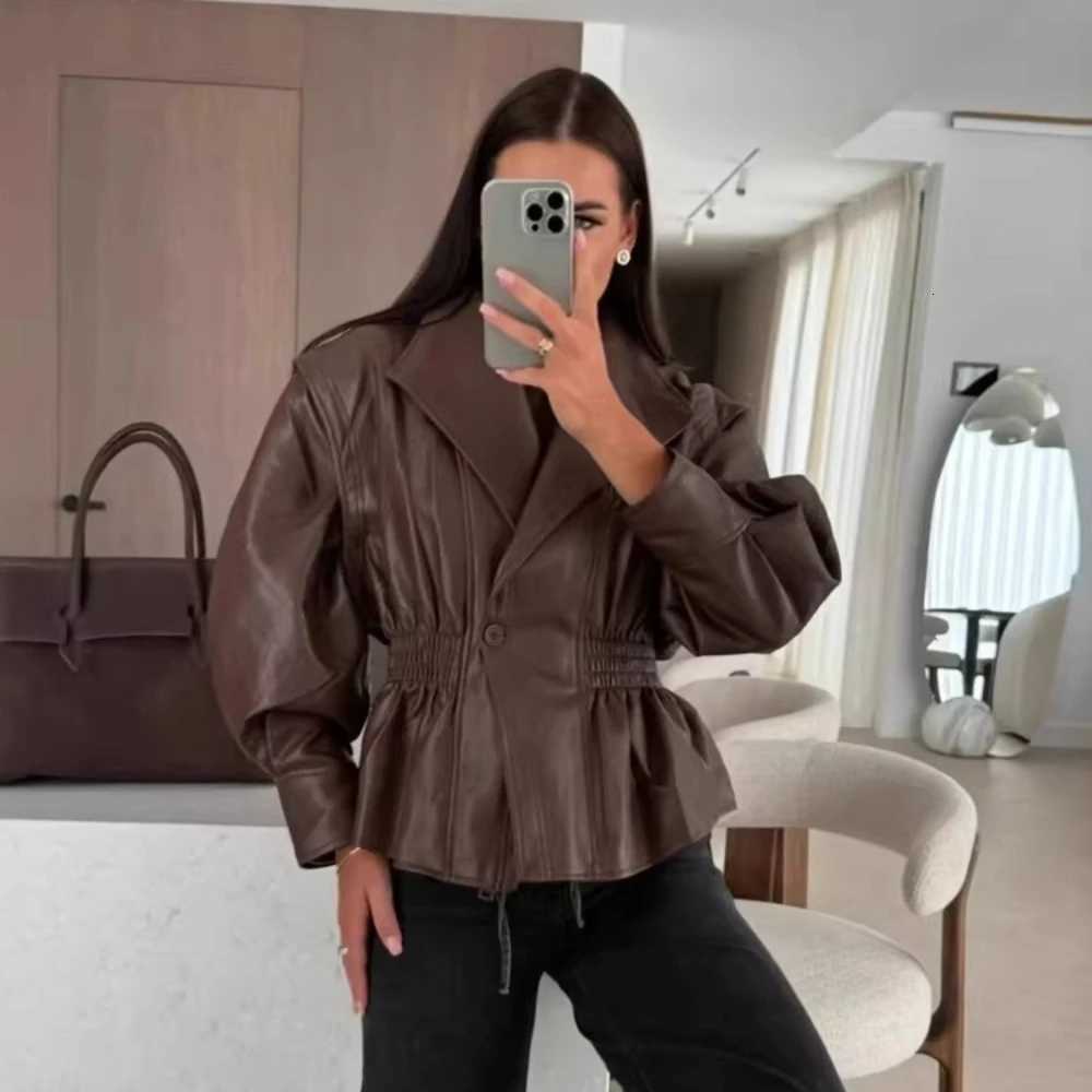 Leather Jacket Women's Female Zipper Leather Trench Coat High Neck Elastic Waist Oversize Vintage Faux Leather Jacket Women C260921