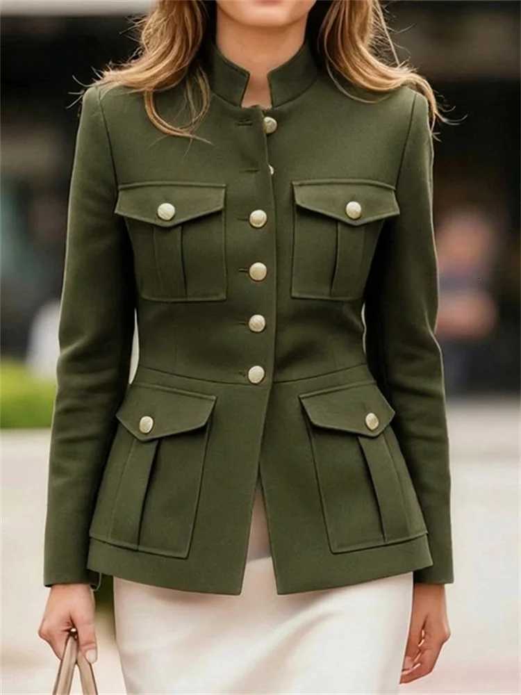 Women's Jackets UOOZEE Women's Military Style Jackets Army Green Stand Collar Gold Button Slim Fit Multi-Pocket Casual Office Blazer Outer