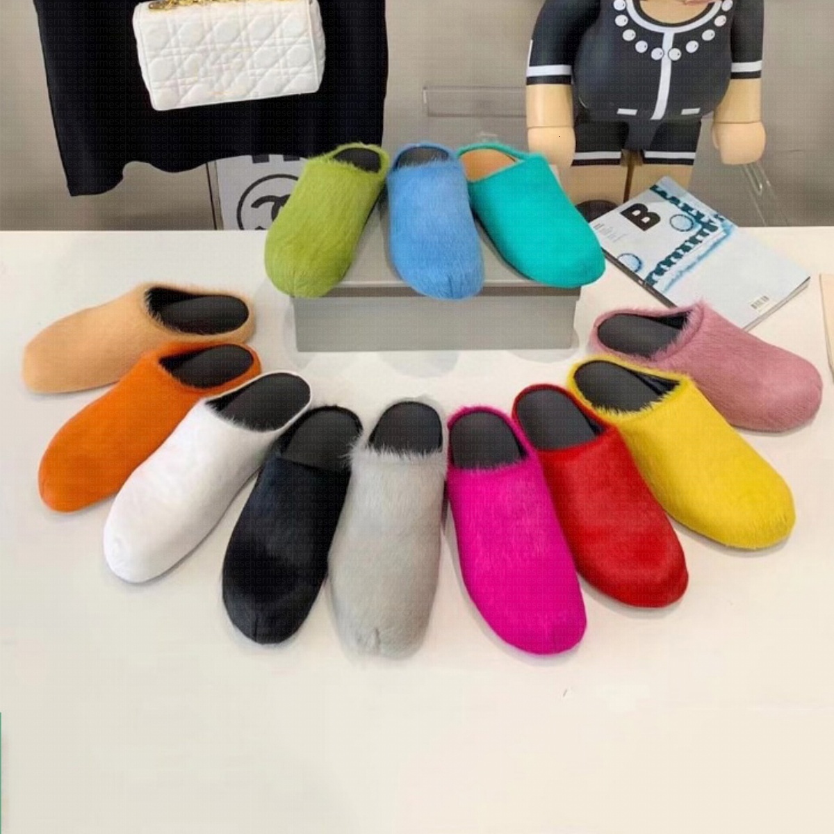 Fussbett Sabot Calfskin Fur Slide Long Calf Hair Leather Slipper Loafers Men Women Black White Orange Blue Green Red Khaki Furry Shoes Slippers size
