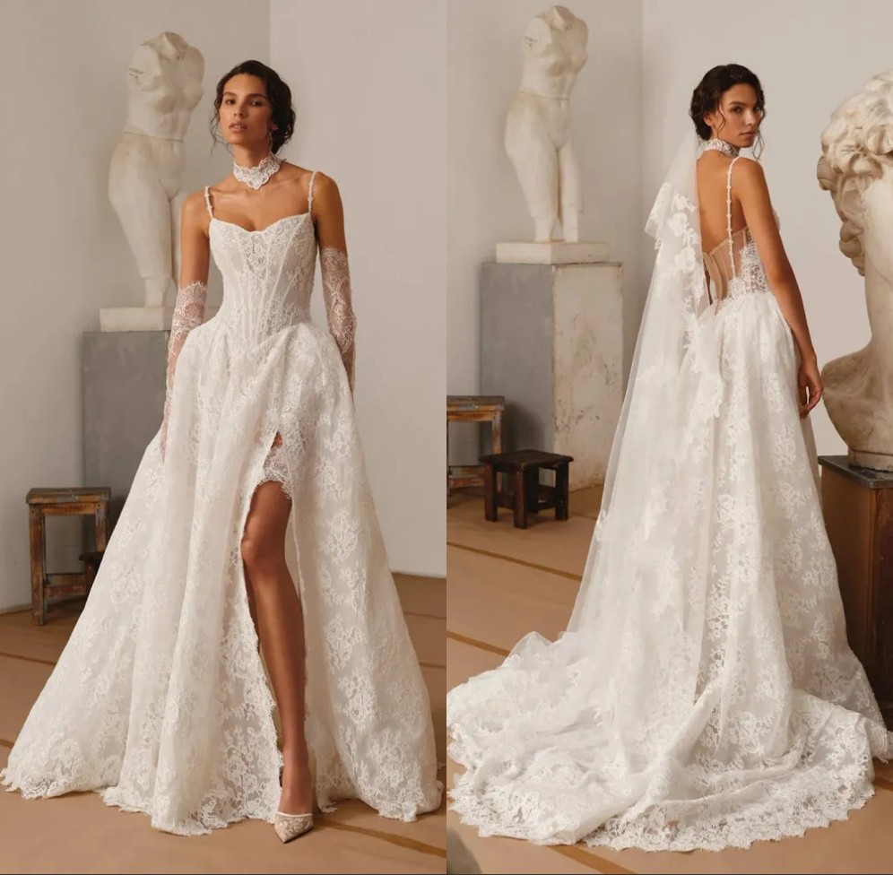 Romantic Full Lace A Line Wedding Dress Spaghetti Straps Corset Bodice Sexy High Side Slit Bridal Gown Illusion Backless Sweep Train Robe De Mariee