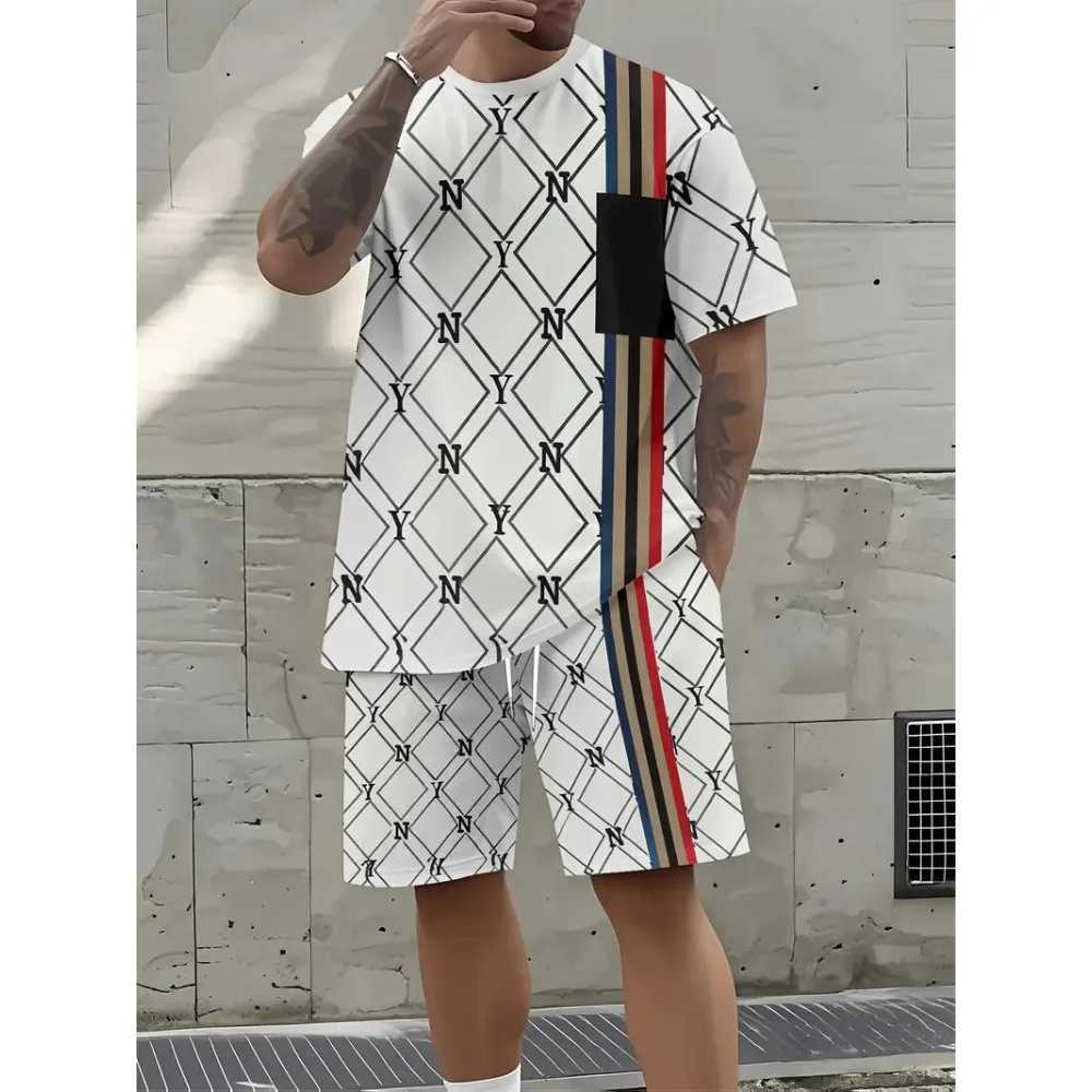 Tracksuits 2025 Summer Men's Men's Clothing Letter Print Short Sleeve Top Men's Elastic Waist Shorts 2-piece Set Plus Size T Shirts S