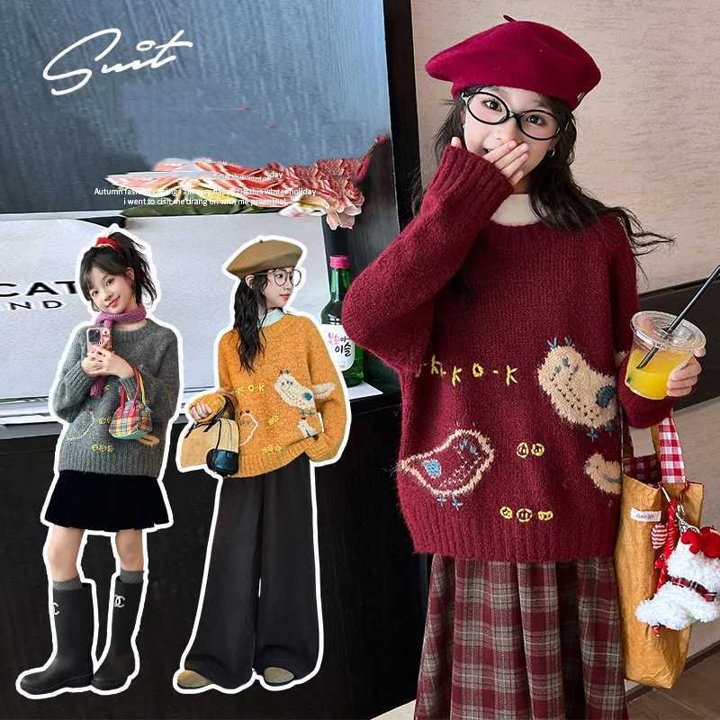 Christmas Red Orange Gray Pullover Sweater for Girls 2025 New Spring and Autumn Thickened Retro Loose Korean Knitted Sweater Age 4-14Year C260921