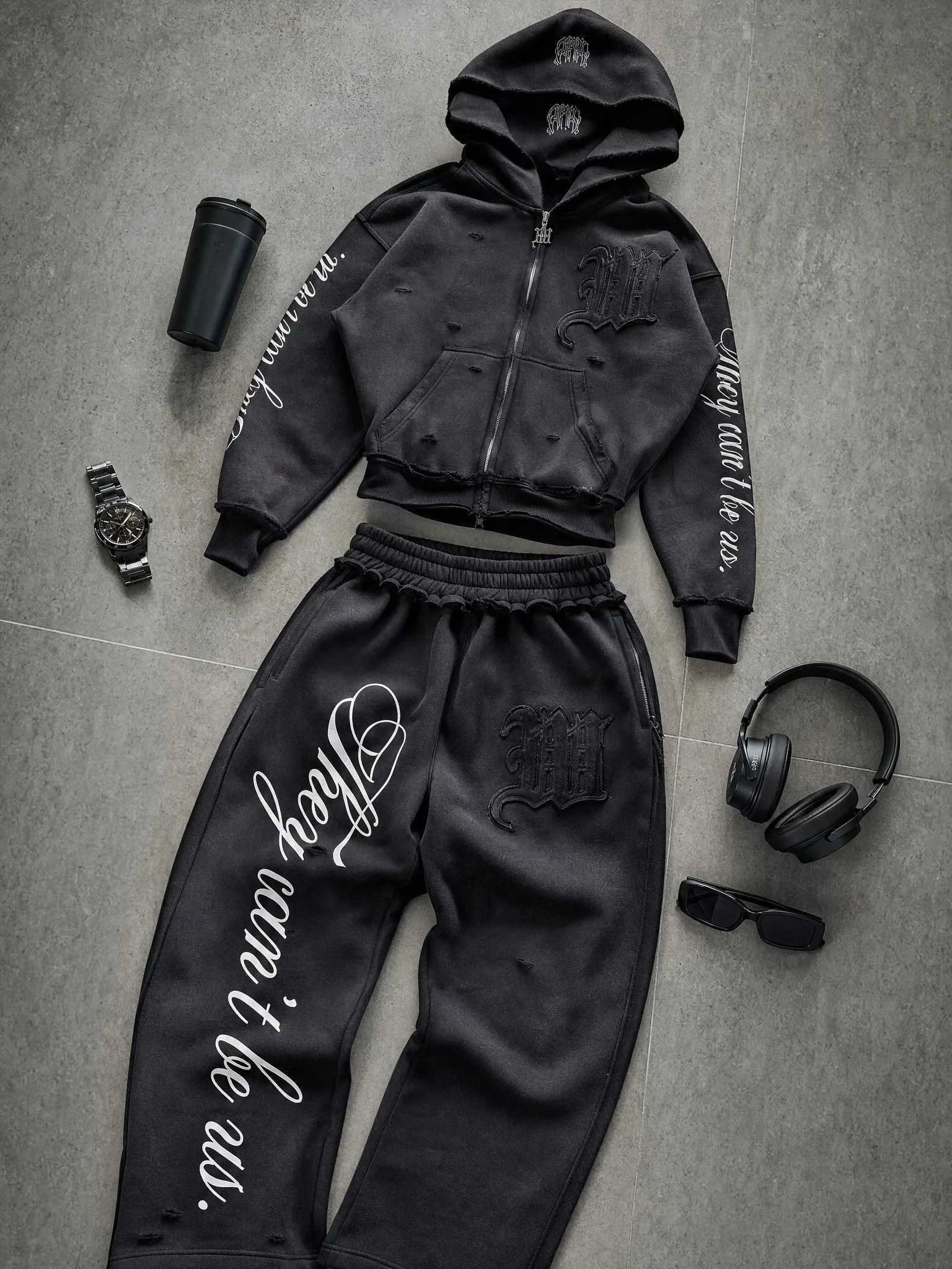 Streetwear Men's Casual Tracksuits Black They Cant Be Us Hoodie Pant Set Women Men Heavy Embroidery Oversized Detail Fashion Two Piece Outfit Y
