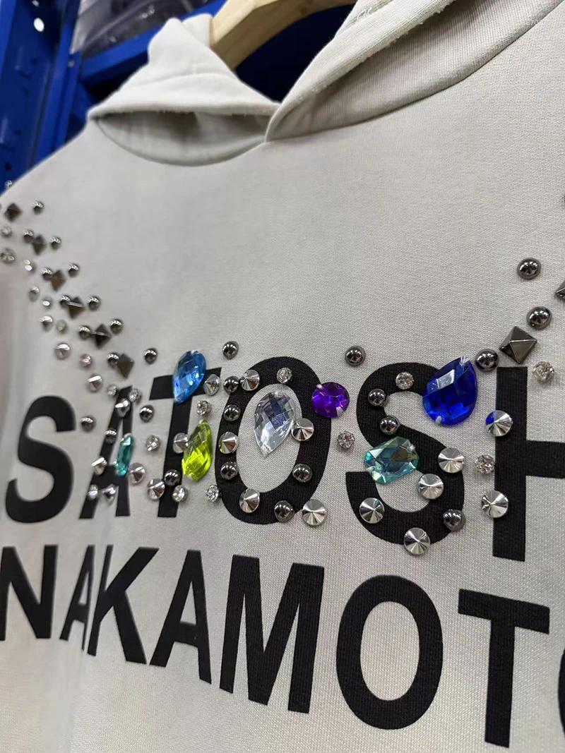Men Women Satoshi Studded Crystal Hoodie Retro Washed Black Oversized Autumn Street Hooded Sweatshirt