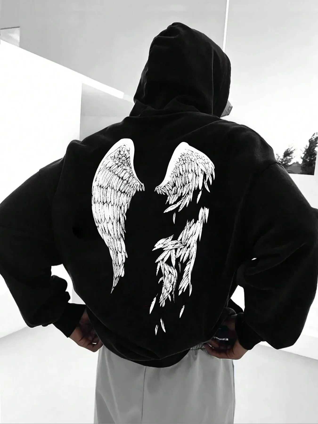 Mens Wings Print Relaxed Fit Drop Shoulder Long Slve Hoodie Pullover Strt Casual Fashion Drawstring Pocket Hooded Sweatshirt for Daily Wear Mens Top
