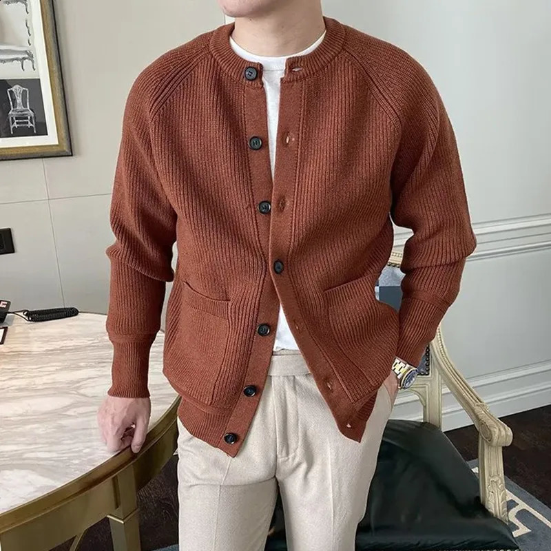 Autumn Winter Men's Knit Cardigan Smart Casual O-Neck Single Breasted Sweatercoat Men Solid Color Loose Knitted Sweater Cardigan 260920