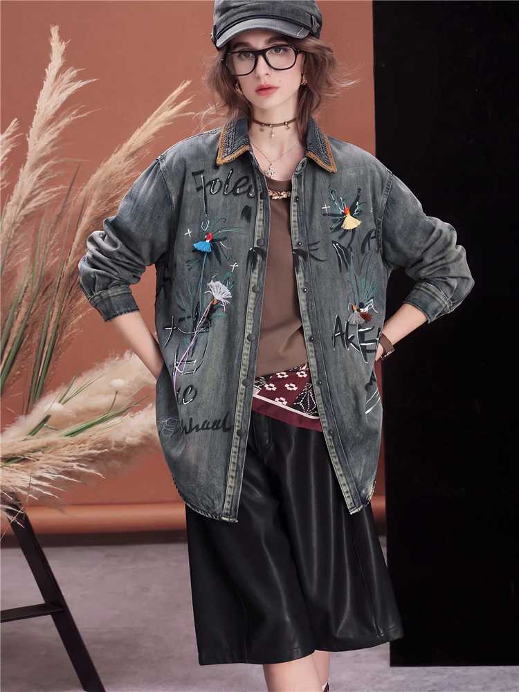 Women's Jackets Women Vintage Embroidered Denim Jacket Washed Oversized Longline Jean Coat Graffiti Streetwear Loose Fit Casual Outerwear C2609