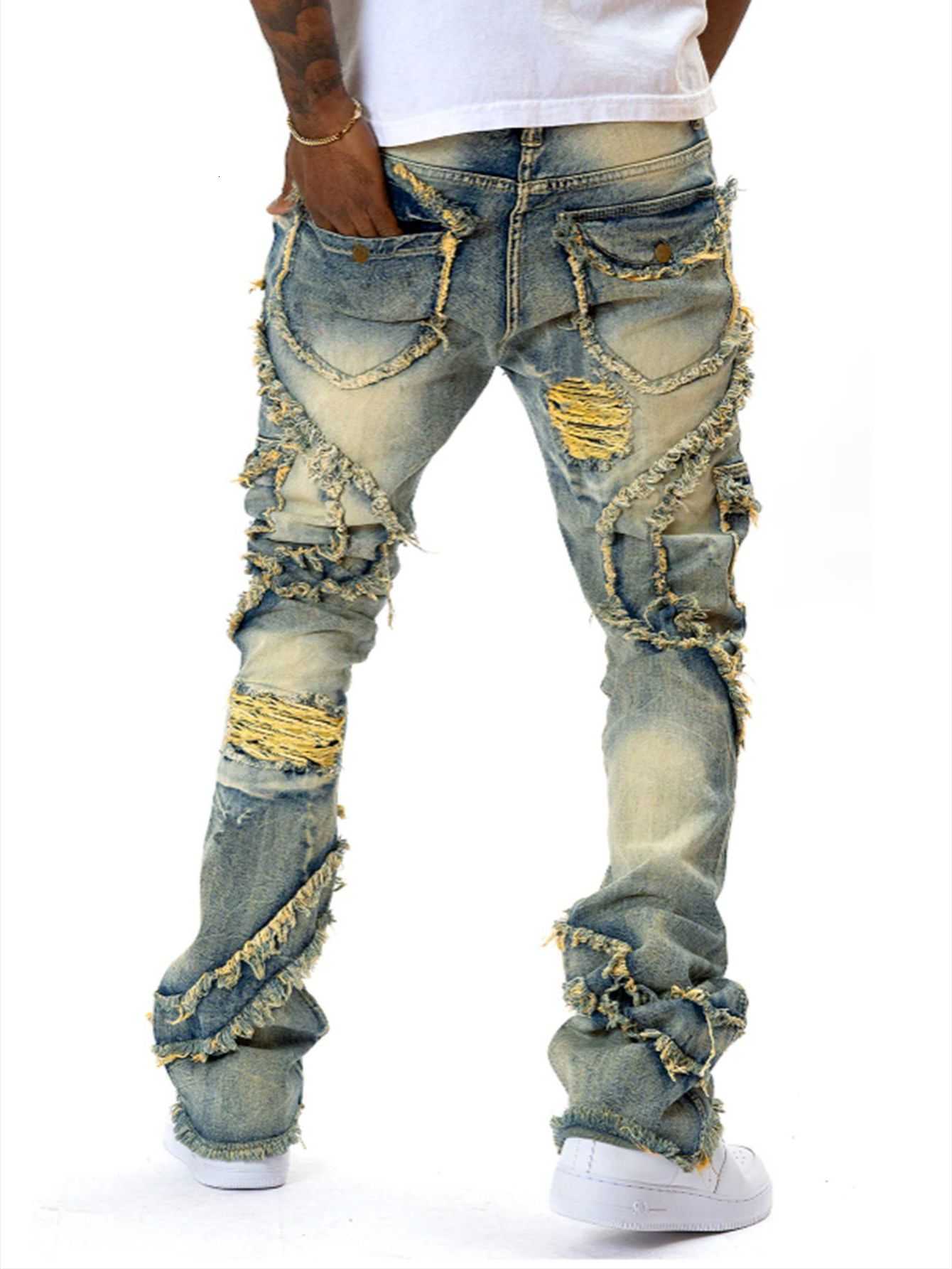 2025 Men's Jeans New European and American men's casual jeans street punk fashion retro ripped hole slightly flared tassel elastic jeans T