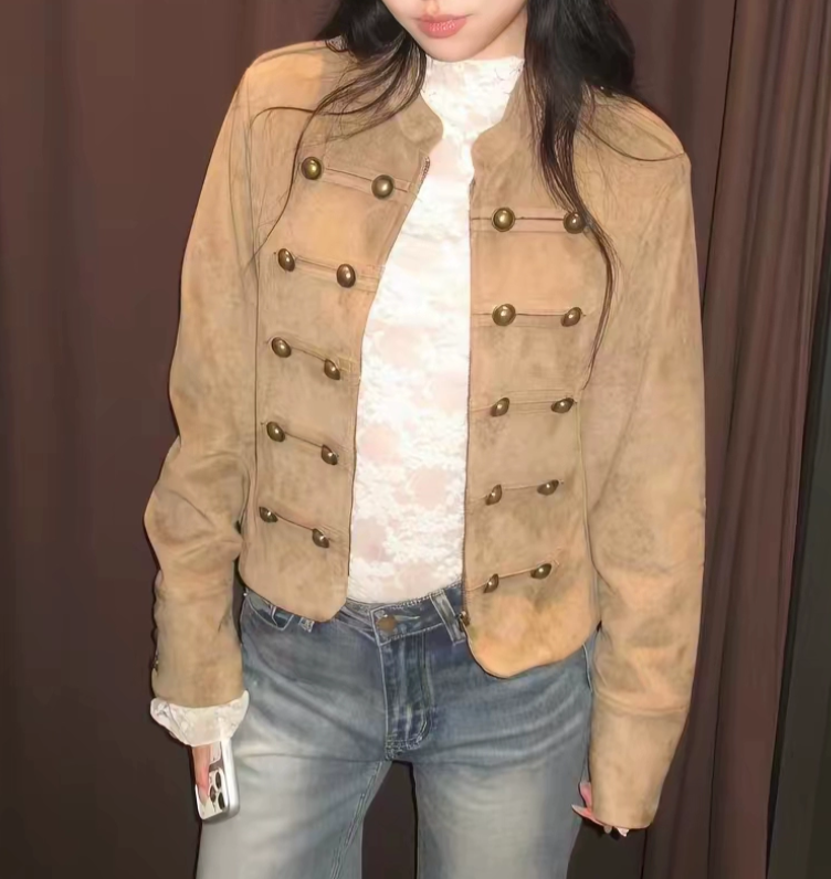 Women's Cropped Military Jacket Vintage Faux Suede Double-Breasted Short Blazer with Brass Button Pairs Zip Womens Streetwear Fashion Coat Casu