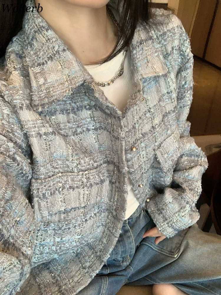 Women's Jackets 2026 Spring Vintage Plaid Tweed Jacket Women Clothing Single Breasted Oversized Outwear Korean Fashion Turn Down Collar Y2k Coa