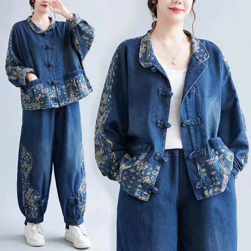 Denim Sets Spring Autumn Women Floral Print Denim Jacket And Jeans 2 Piece Set Vintage Large Size Elastic Waist Jeans Suits 260921