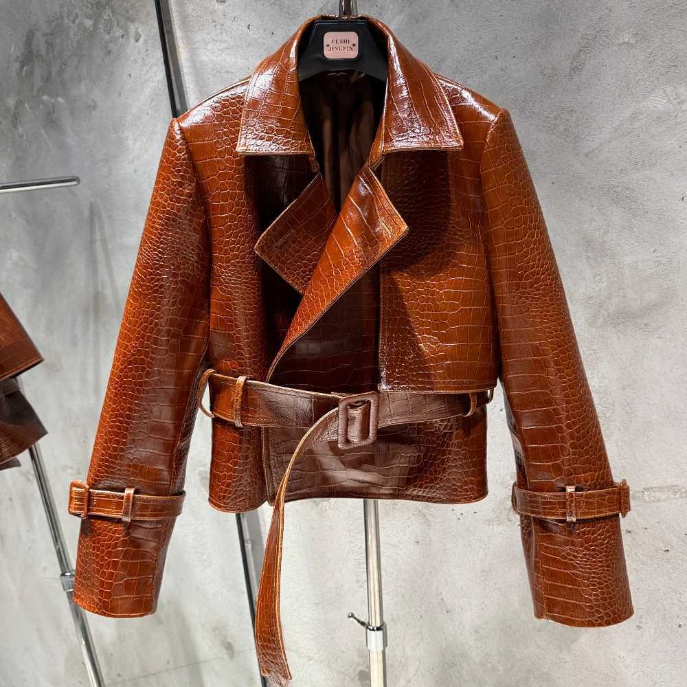 Leather Faux Women's Leather Croc Pattern Real Leather Jacket Autumn Outerwear For Female Cropped Belted Real Sheepskin Jacket C260921