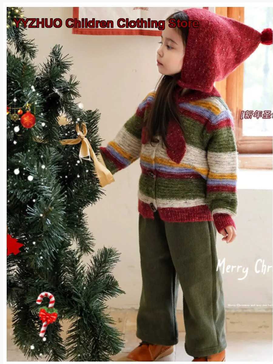 Christmas Girls Pullover New Boys Year Striped Knit Cardigan with Horn Buttons Winter C260921