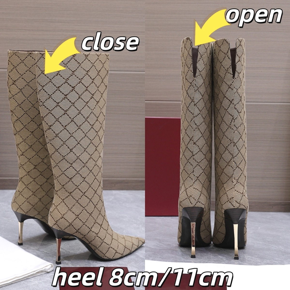 Diseñador de lujo Mujeres Botas altas hasta el muslo Punta puntiaguda Tacón de aguja metálico Bota explosiva Lienzo con estampado Botas de moda Zapa