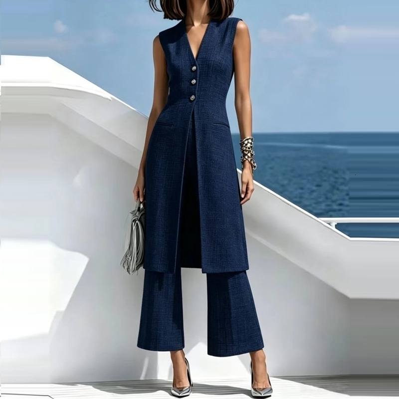 Women Sexy Sleeveless Hight Split Solid Long Pant Set Fashion Commute Straight Outfit Elegant Vneck Button Top Suit y260907