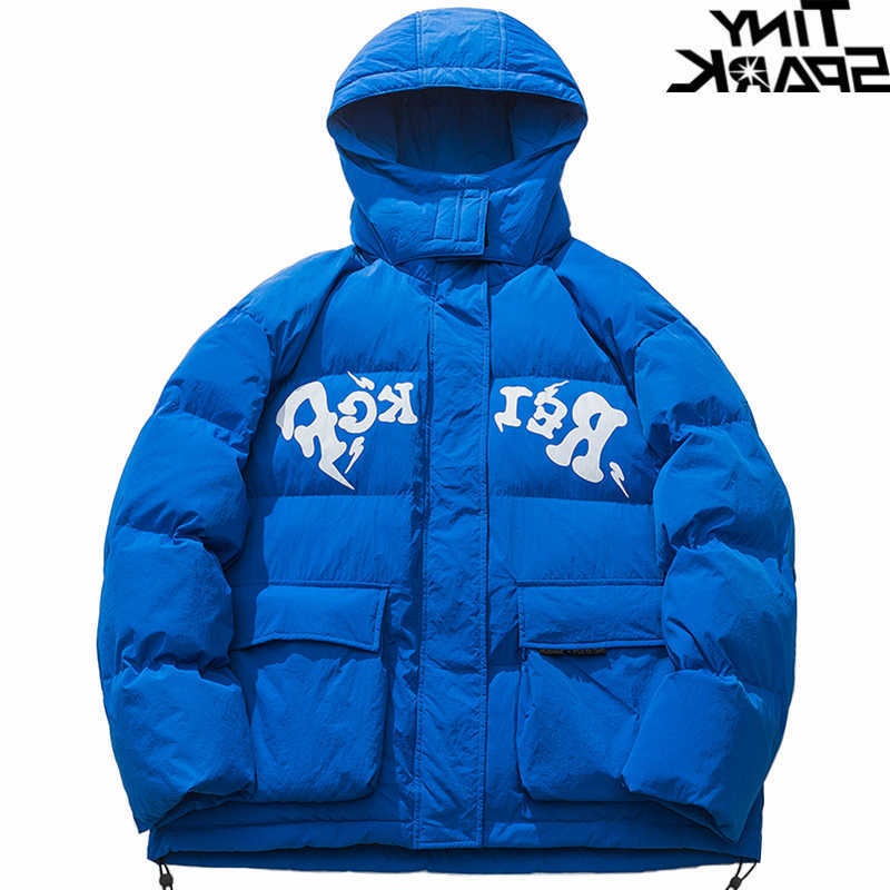 Blue Men's Men Down Parkas Hooded Jacket Parka Streetwear Letter Graphic Harajuku Padded Jacket 2025 Winter Cotton Windbreaker Warm Ourwear C26