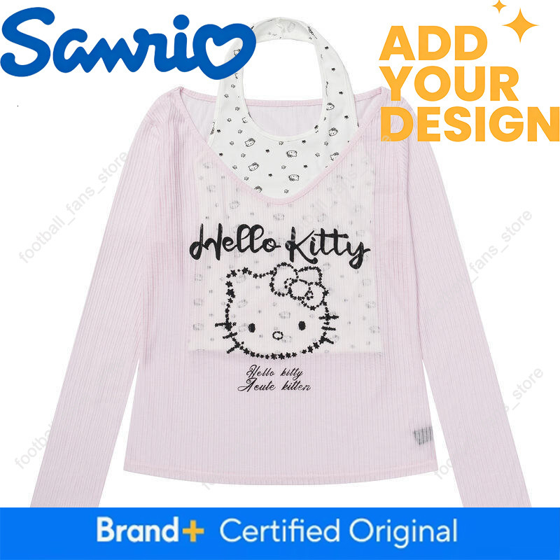 Tank Tops Halter Neck Long Sleeve T-Shirt Hello Kitty Women's Spring Summer Sanrio New Hot Girl Blouse Two-Piece Top Sweet Style db