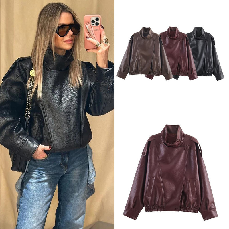 Designer Women's ZA Jackets Trendix Solid Leather Moto Jacket For Women 2025 Winter Turtleneck Retro Coats Fashion Asymmetry Elegant Vintage PU