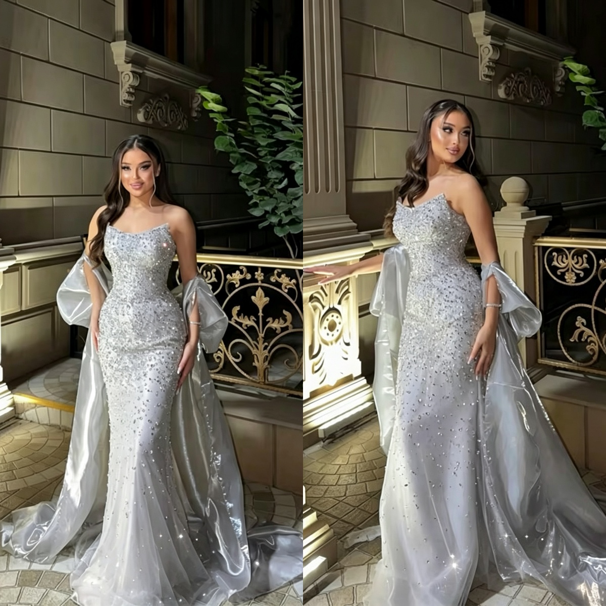 Sparkly Evening Dresses For Women Off Shoulder Sleeveless Wrap Gown Crystal Sequins Sweep Train Dress Prom Party Customized Dress