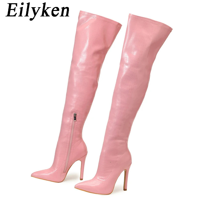 Eilyken Sexy Snake Print Leather Pointed Toe Women Over The Knee Boots Fashion Zipper Winter Thigh High Boots Stripper Shoes 260922