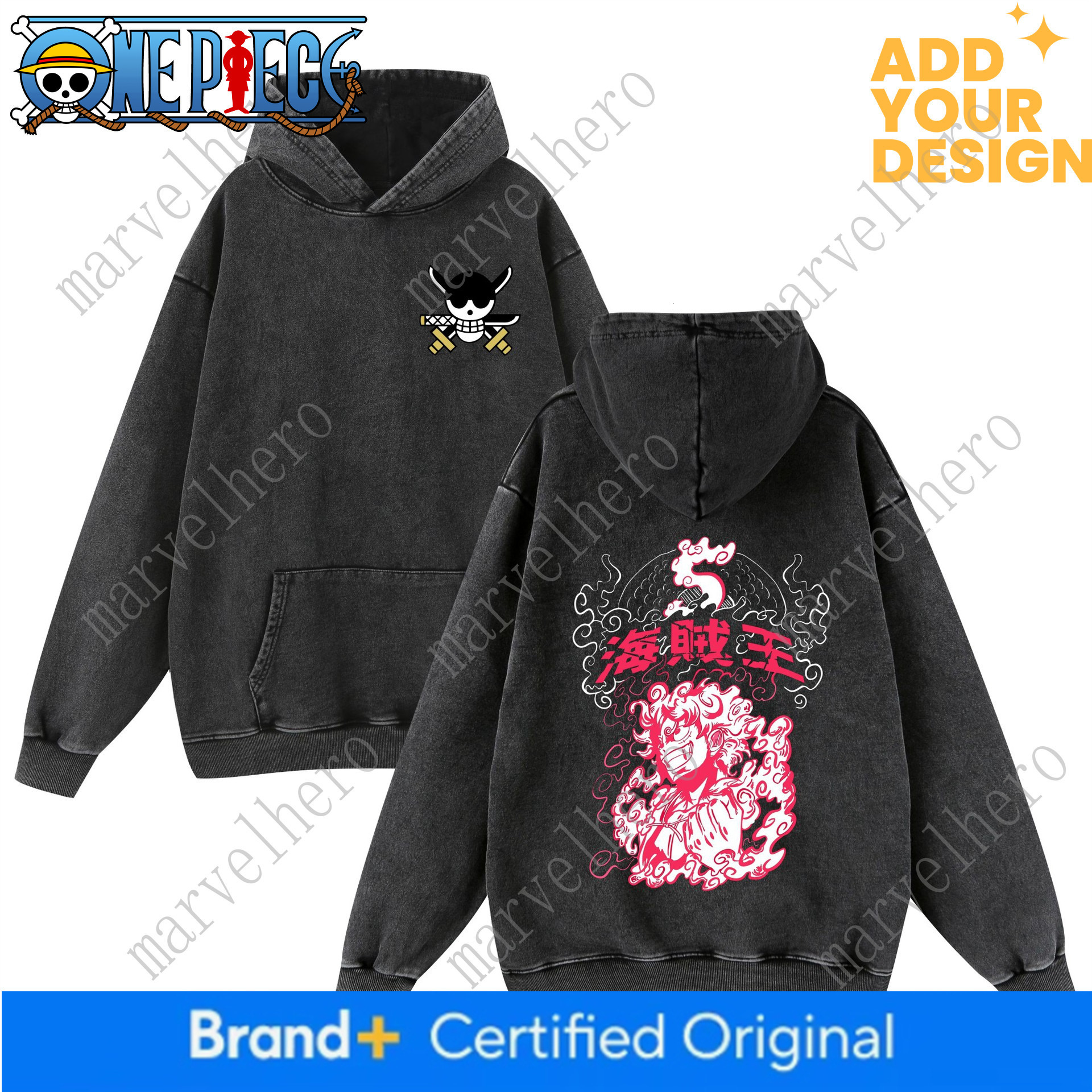 Nuova felpa con cappuccio in puro cotone vintage effetto vissuto lavato One Piece transfrontaliero per uomo e donna