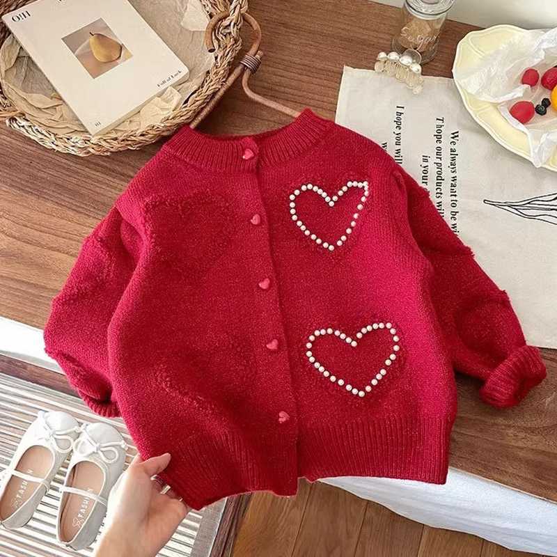 Cardigan Girl Sweater Pullover Kids Autumn Winter New Christmas Red Knitted Coat Fashion Round Neck Heart Beadding Soft Sweater C260921