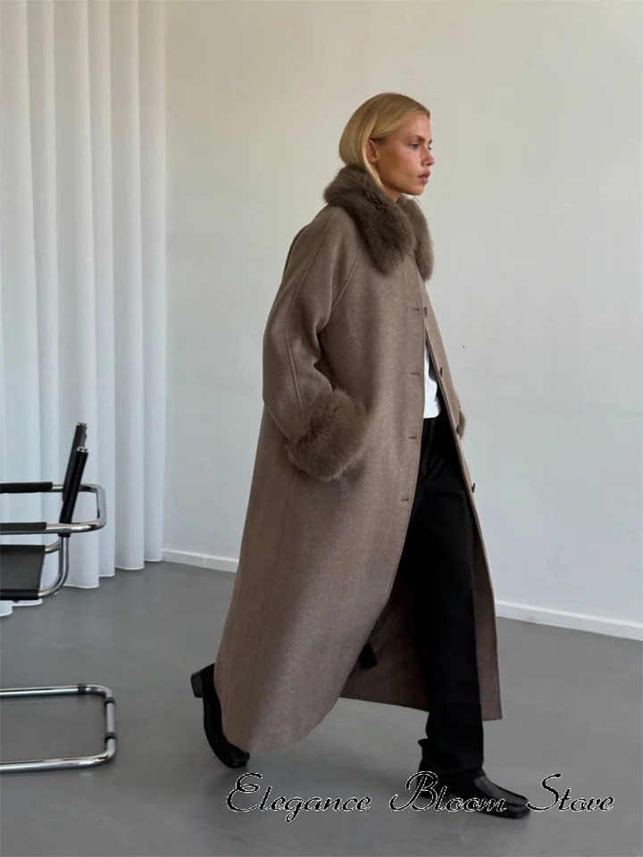Women's Wool Blend Overcoat Women Solid Faux Fur Patchwork Lapel Long Sleeve Single-breasted Coat 2026 Lady Chic Street Outwear 260921