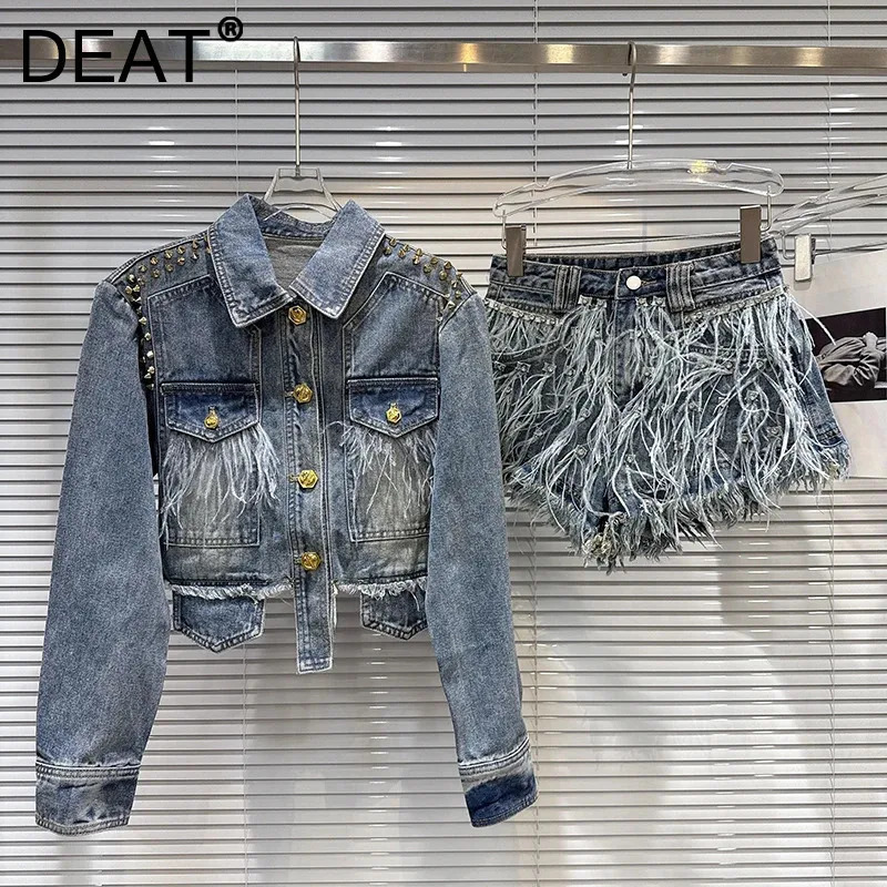 DEAT Autumn Street Style Heavy Industry Rivet Denim Jacket For Women Feather Beaded Wide-leg Shorts Female 11A06375 260921