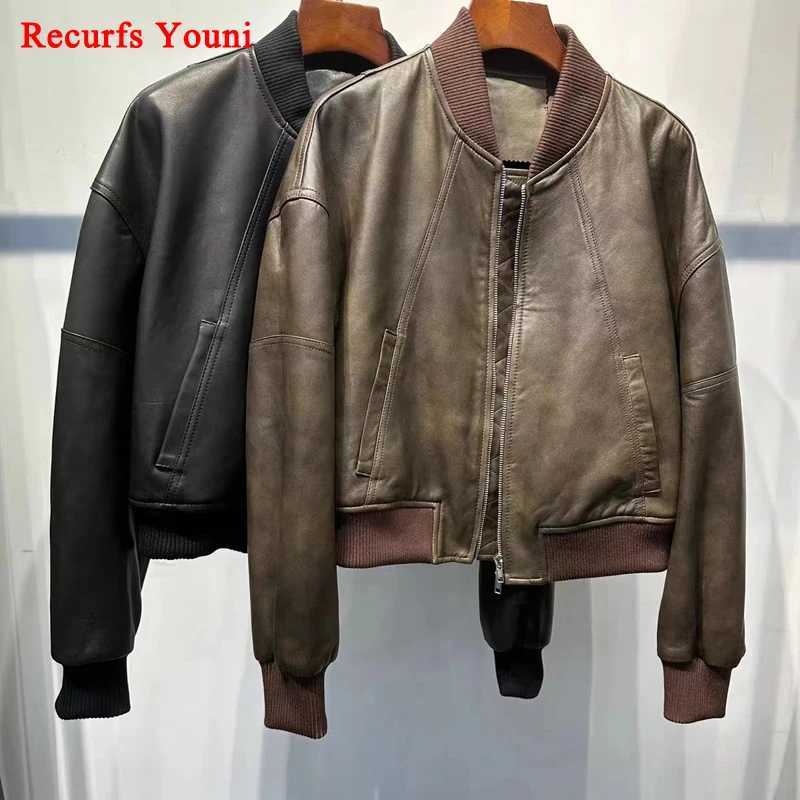 Cropped Bomber Leather Jacket For Women 2025 Winter European Old Money Designer Female Distressed Sheepskin Short Coat Outwear C260921