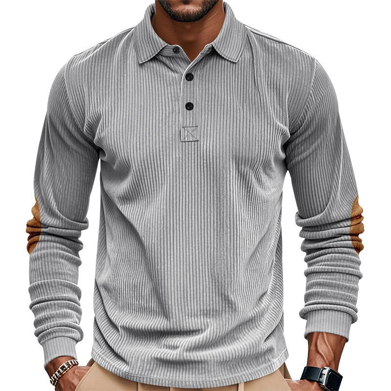 Polo côtelé à manches longues pour hommes, col rabattu, patte de boutonnage, patchs de coude contrastés, tissu doux, haut quotidien décontracté