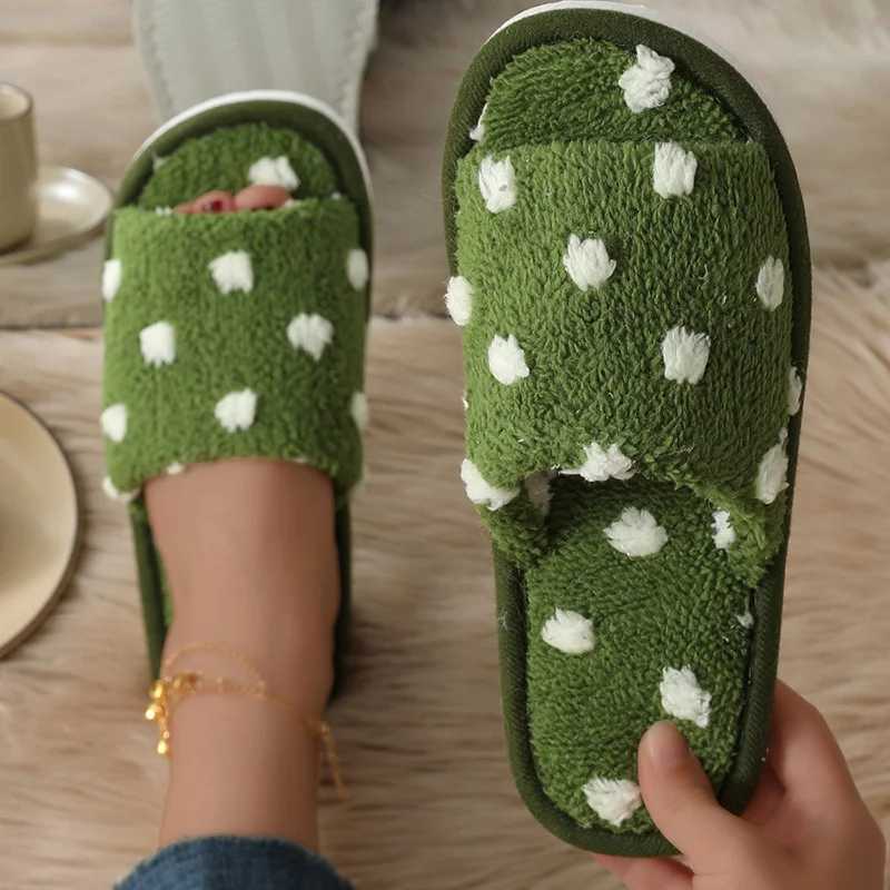 Fashion Polka Dots Plush Home Slippers Women Autumn Winter Open Toe Fluffy Indoor Slippers Woman Flat Heel Non Slip Cotton Shoes T260922