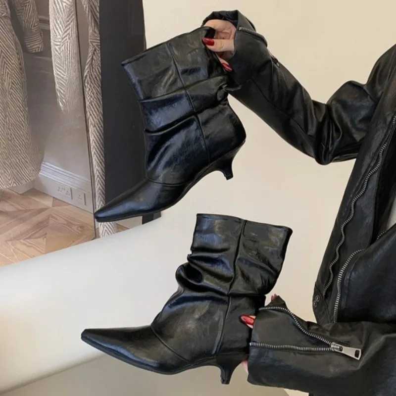 Aneikeh Stivaletti alla caviglia vintage rugosi per le donne Ecopelle punta a punta tacco gattino albero a strappo autunno inverno stivaletti Q
