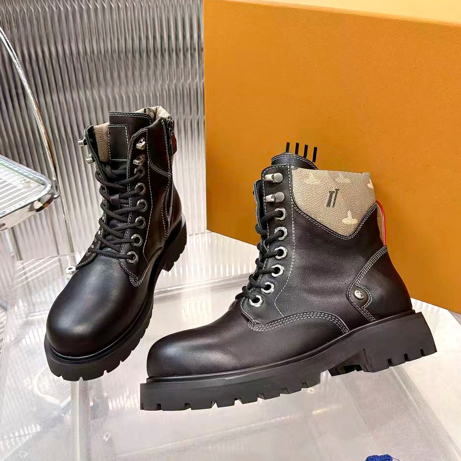 High quality Combat boot Printed Side Zipper dress shoe Mid calf boots luxurys Designer Fashion Knee Genuine Leather Martin Ankle Boot men women Out