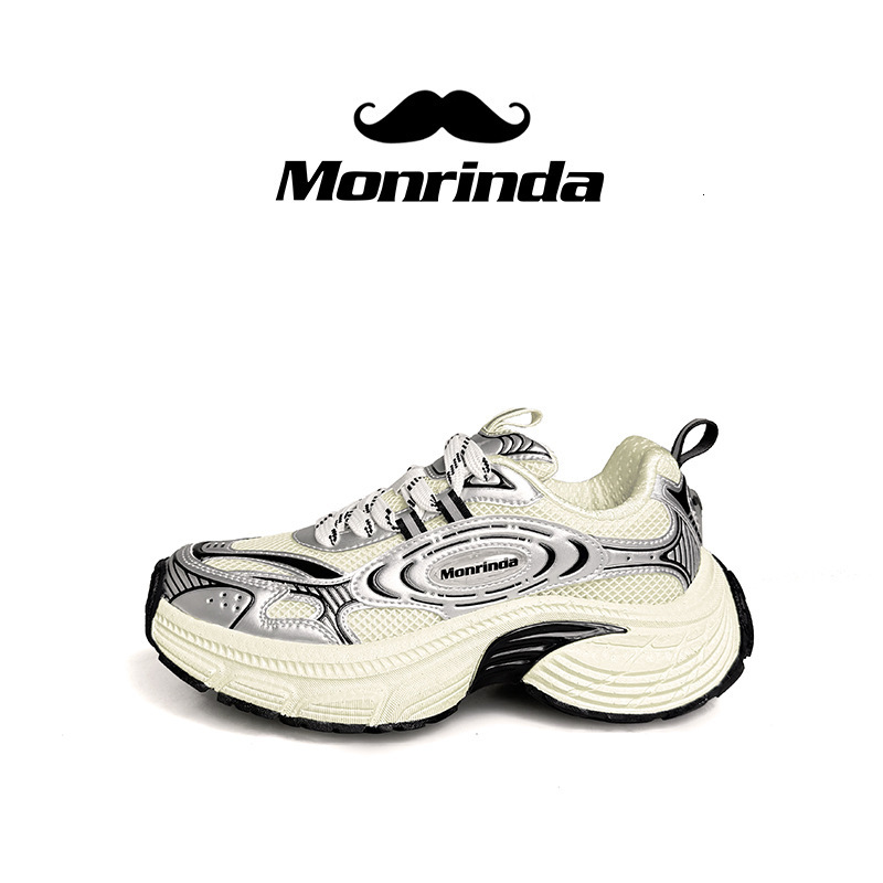Monrinda Unisex Chunky Dad Shoes Silver Mesh Breathable Platform Sneakers Thick Sole Height Increasing Lace Up Non-slip Casual Sports Walking Shoes