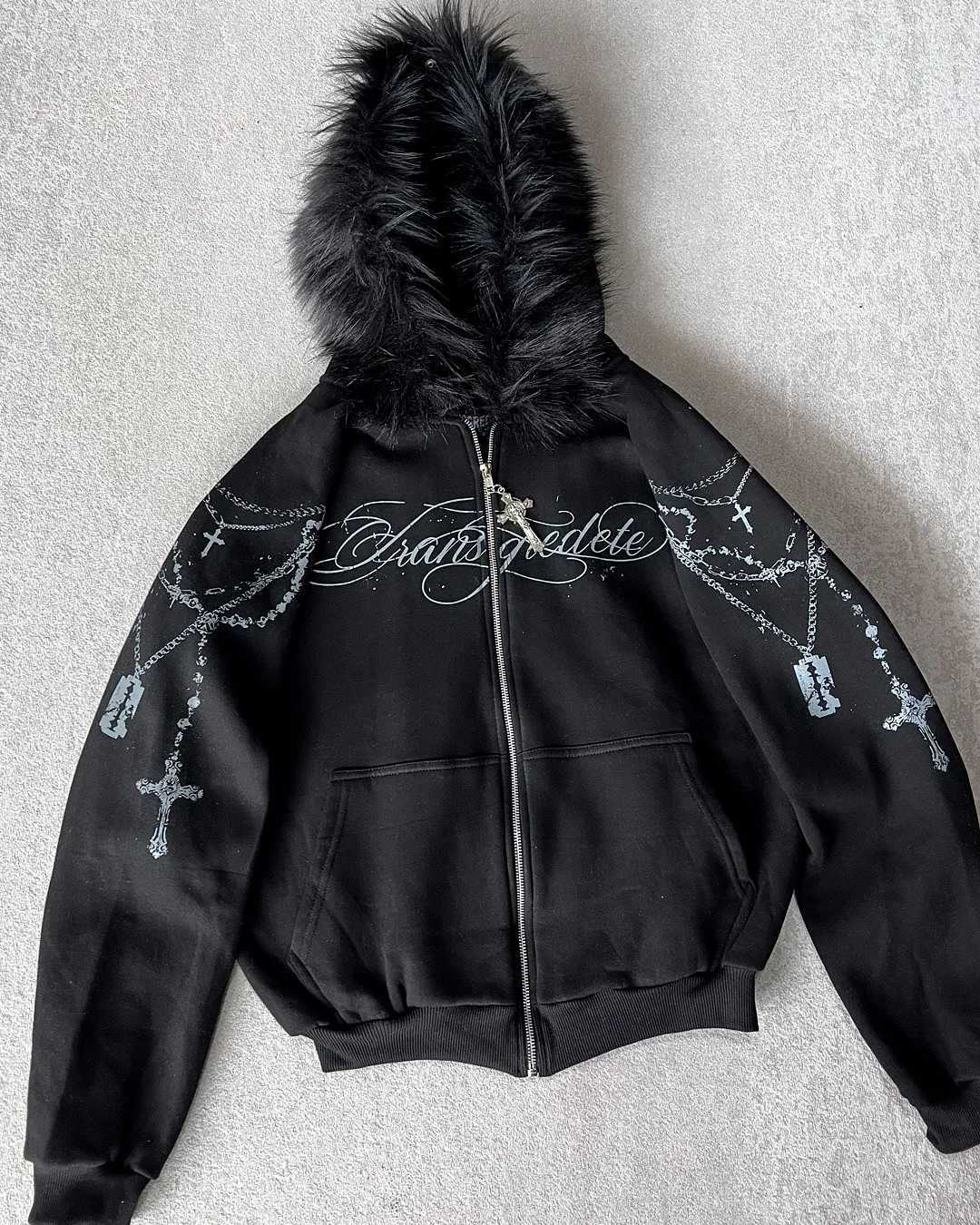 Men's Hoodies Sweatshirts American Retro Rock Gothic Graphic Fur Collar Loose Zipper Sweatshirt Men's Y2K New Harajuku Punk Casual Joker H