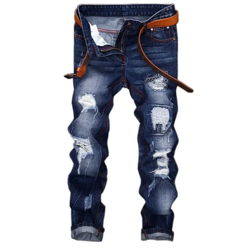 New Men's Jeans Men's Ripped Vintage Jeans Straight Denim Trousers Male Distressed Personalized Motorcycle High Street Spliced Jeans Pants