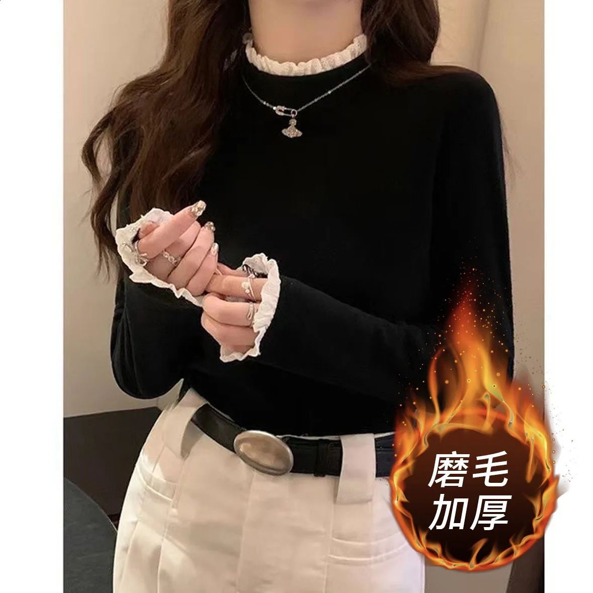 1pcs Women Autumn Winter Long-sleeve T-shirt Lady Thermal Underwear Girl Thick Velvet Fashion Lace Decoration Half Mock Neck Top 260921