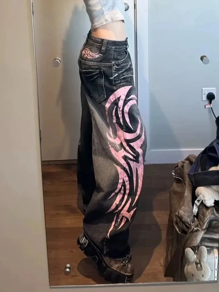 Deeptown Y2k Vintage Gothic Jeans Women Harajuku Print Grunge Baggy Denim Trousers Punk Hip Hop Black Streetwear Wide Leg Jeans 260921
