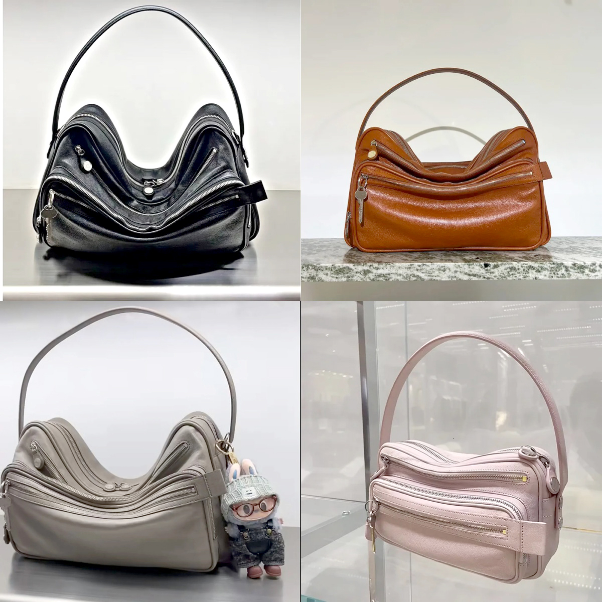 Soft Leather Multi Zip Camera Bag Shoulder Strap Luxury Casual Crossbody Handbag Women's Designer Purse Daily Fashionable Stylish Trendy Chic B