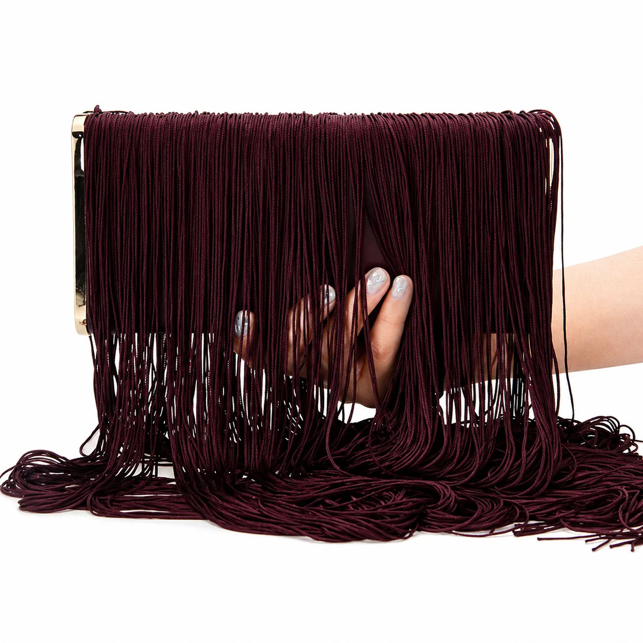 y Dark Red Long Tassel Handmade Evening Bag Metal Frame Women Handbag Wedding Party Clutch Purse Shoulder Crossbody Purse 260922