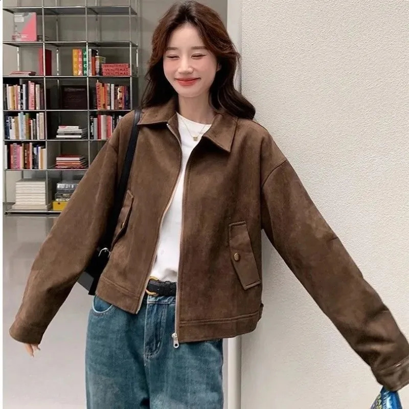 Women's American Retro Lapel Jacket Suede Fabric Loose Casual Solid Color Cropped Workwear Outerwear 260921