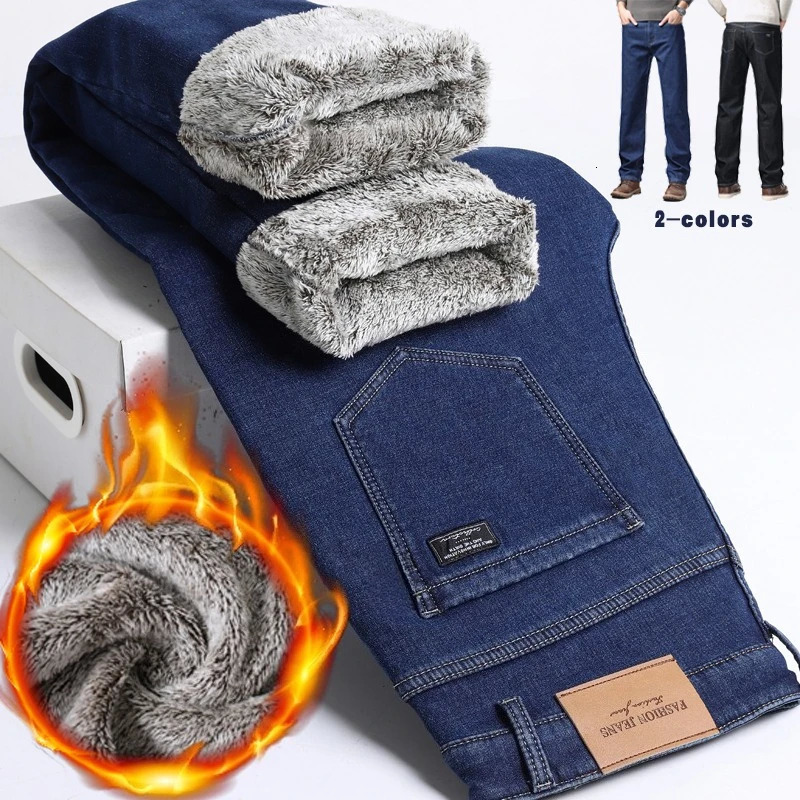 Men's Fleece Lined Thicken Jeans Winter Warm Stretch Slim Fit Denim Pants Comfortable Soft Trousers for Daily Work Wear Clothing 260922