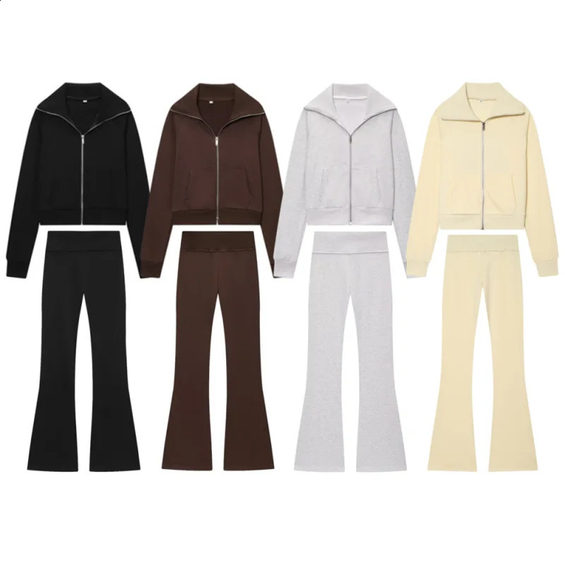 Womens Early Autumn Fashion Lapel collar long sleeved zipper fleece jacket high waisted elastic waist flared pants 260921