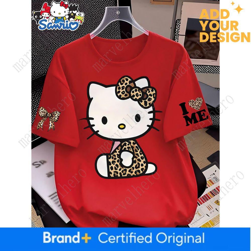 Cross Border European American New Women S T Shirt Hello Kitty Leopard Print Loose Round Neck Short Sleeved Top Spring Summer Autumn Casual Clothing