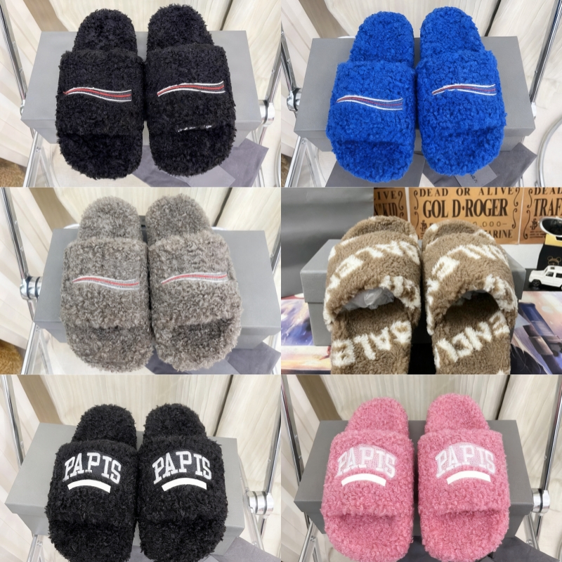 Designer Fur Slides Men Women Winter Fluffy Furry Cotton Slippers Womens Mens Black Grey Pink Sandals Wool Slide Comfortable Fuzzy Flip Flop Slipper